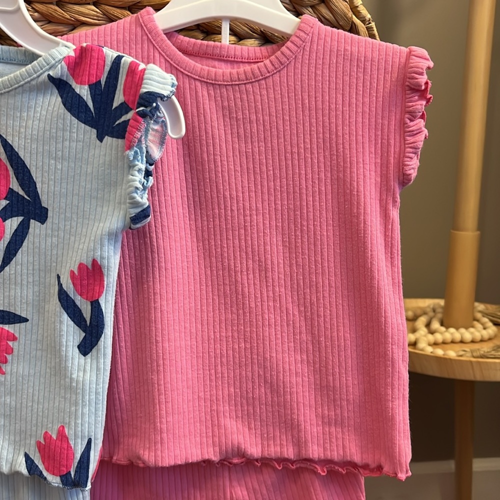 (2) Cat & Jack Baby Girl Ribbed Floral and Pink 2 Piece Short Sets 6-9M - Picture 4 of 7